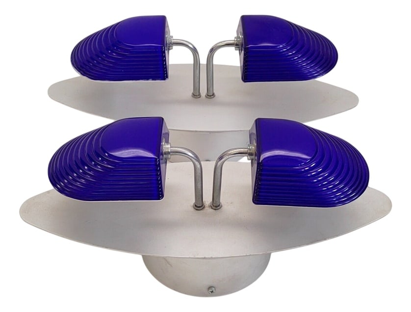 Art Deco Indigo Murano Glass Sconces, 1980s, Set of 2: A fantastic pair of masterworks of Ambiental Art Glass, created by legendary Italian designers Perry King, Santiago Miranda and Gianluigi Arnaldi in the 1980's.Entirely hand made of indigo-cobalt blue