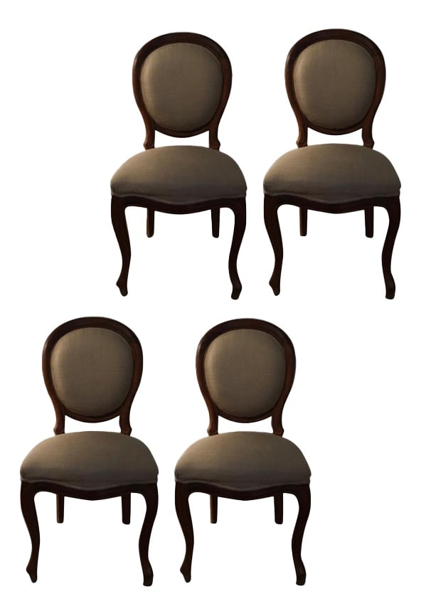 Chairs in Walnut and Linen, Italy, 1990s, Set of 4: This is a set composed by 4 chairs in walnut and upholstered in linen fabric, totally made in Italy in the 1990' years. The design is traditional and timeless, the structure in walnut, is in very
