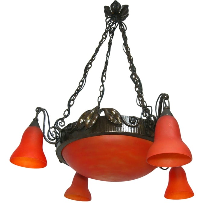 Art Deco Art Nouveau Pate de Verre Chandelier, 1980s: A superb work of Glass Art, created by legendary French designer Jacques Mouynet for "Schneider Verreries-France", Pate de verre (glass paste) bowl, with elegant floral theme, decorated with upper