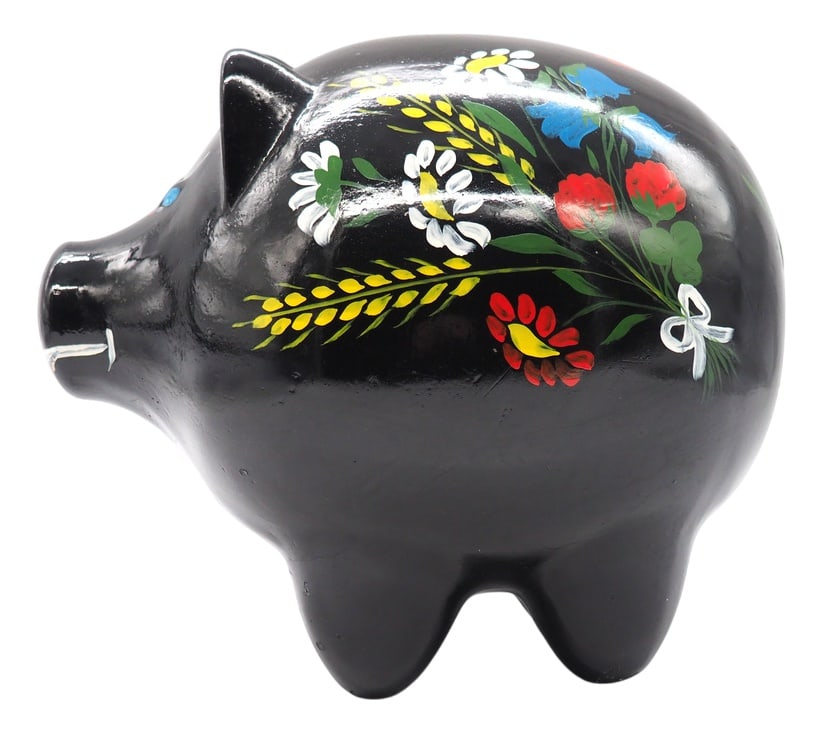 Large Vintage Swedish Piggy Bank, 1940s: This is a rare handmade and hand-painted piggy bank.It is a lovely rustic pig with beautifully hand-painted flowers and patterns that gild and highlight the shapes. A fun and beautiful element in the
