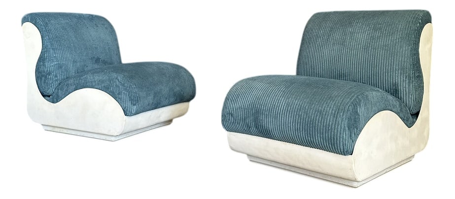 Set of Lounge Chairs with Fiberglass and Fabric: Set of two seventies armchairs, Italian manufacturing.The armchairs have a white fiberglass structure with a blue ribbed fabric seat.The seat can be completely dismantled from the structure, as shown