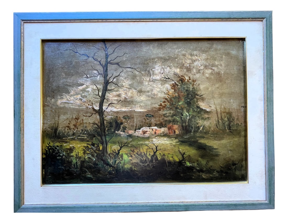 Fioresi, Emilian Countryside in the Rain, 1940s, Oil: Oil on cardboard - Landscape of the Emilian countryside in the rainPeriod: Early 20th centuryOrigin: Emilia Romagna - ItalyThis evocative, large-scale painting depicts an Emilian autumn landscape with