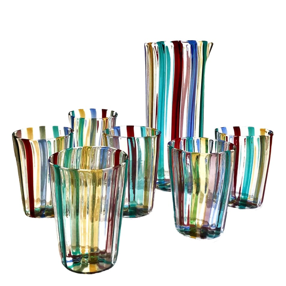 Glasses in the style of Gio Ponti, 2004, Set of 7: Astonishing drinking set in colored Murano canes made by Angelo Ballarin for Ribes Studio. Gio Ponti glasses are made of canes, arranged perfectly thanks to the skill of Maestro Angelo Ballarin. Our