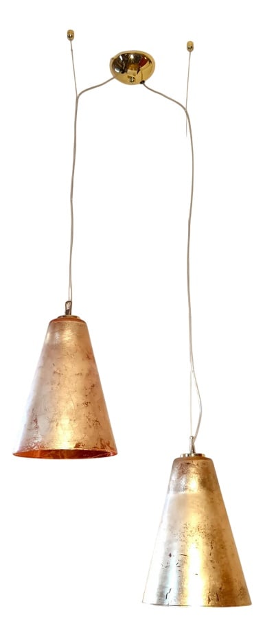 Vintage Pendant Light in Murano Gold Glass, 1990s: A stunning item of Ambiental Art, created in the late 90's in the exclusivist high end "RUGGIU-Italy" ateliers, rarest most sought after "Conico Argentissimo" edition, made of Murano Silver foil glass