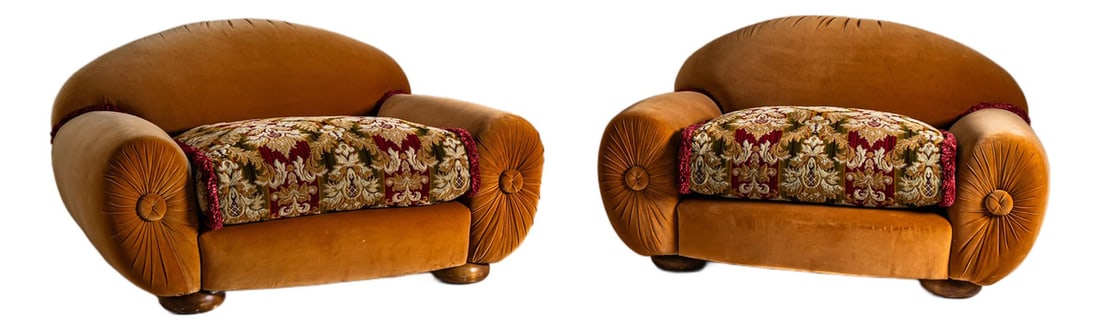 Vintage Lounge Chairs, Italy, 1960s, Set of 2: Playful pair of vintage lounge chairs with generously rounded, "bubbly" forms, upholstered in golden velvet. The sculptural lines are complemented by opulent brocade cushions that add texture and a to