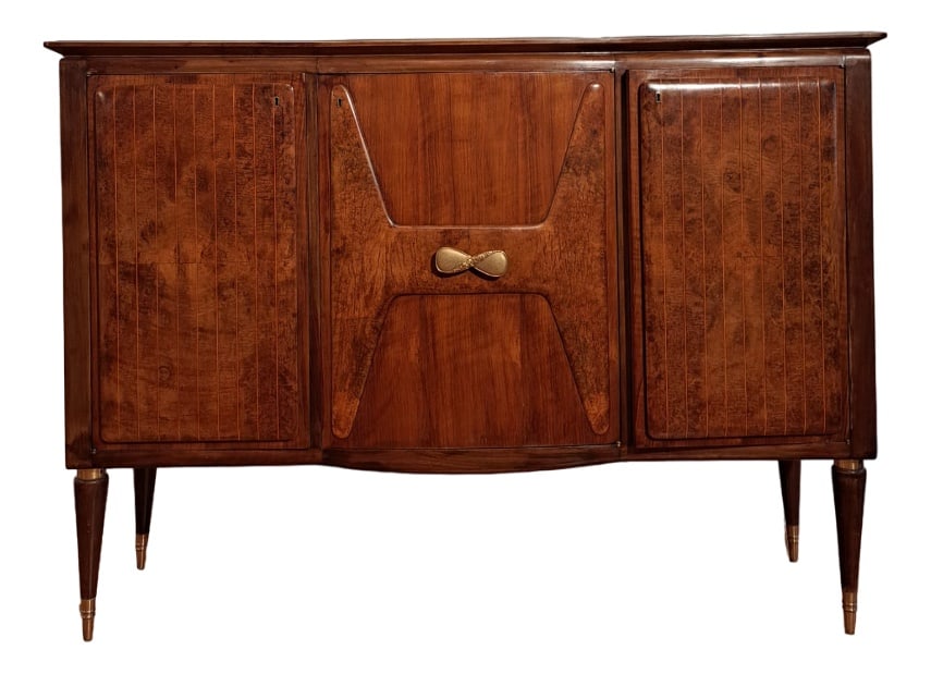 Cocktail Bar by Paolo Buffa, 1940s: Mid-century Cocktail bar attributed to Paolo BuffaCocktail bar in walnut and mixed exotic woods. Three panel door open to reveal ample storage compartments equiped with drawers and units with mirror w