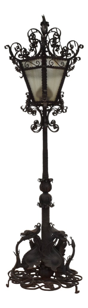 Large Wrought Iron Lamp Post from Mazzucotelli, 1910s: Country of Manufacture: Italy Design Period: 1890 to 1919 Production Period: 1890 to 1919 Restoration and Damage Details: Light wear consistent with age and use Detailed Condition: Very Good —
