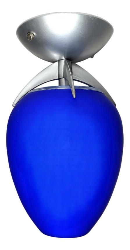 Ceiling Light in Opaline Cobalt Blue Glass, 1980s: A most expressive masterwork of Ambiental Art, purest Space Age style, created in the 80s in the legendary "Lucente-Italy" ateliers, made of Opaline blue glass on gray painted metal aloy support, a mo