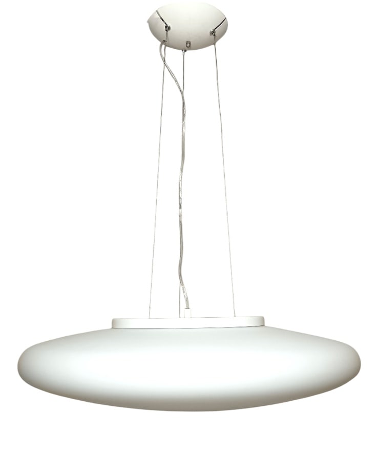 Large Pendant Light in Murano Opaline Glass, 1990s: A most expressive item of the Ambiental Arts, created in the early 90's in Italy, made of Murano Opaline glass, a most elegant PostModern style.Uses three E24 light bulbs, for a warmer/goldish light,