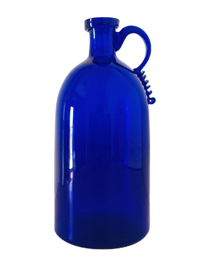 Vintage Italian Murano Glass Vase by Vittorio Zecchin: Wonderful blue bottle with profiled and polished rim. the peculiarity of the bottle is the wide handle and the serpentine applied in blue color. this kind of style had great success of critics and pub