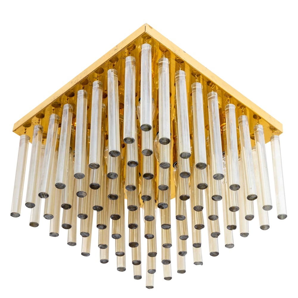 Mid-Century Italian Chandelier from Venini: Ceiling chandelier with Tondo-shaped glass rods and square base plate in brass. Country of Manufacture: Italy Design Period: 1970 to 1979 Production Period: Unknown Restoration and Damage Details: