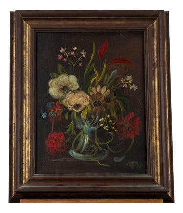 Still Life with Flowers, Oil on Board, Framed: Still life with flowers painted on panel, signed, complete with frame, made in the 20th century. CATEGORY antique STYLE paintings DIMENSIONS: HEIGHT 52.5 cm WIDTH 42.5 cm DEPTH 6 cm COLOR: black,