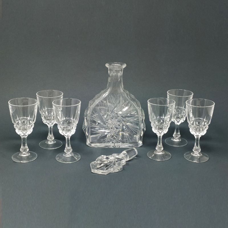 Italian Crystal Decanter and Glasses Set, Set of 7 - 2