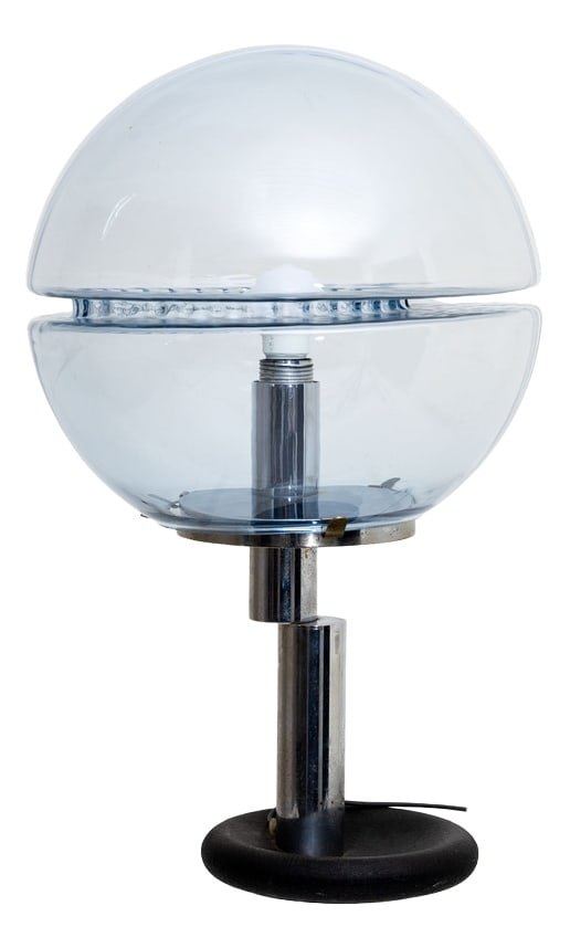 20th Century Table Lamp, Italy: Table lamp with spherical blue tinted glass shade with white stripe decoration and horizontal incision with wavy texture. The large glass shade rests on a tripartite cylindrical stem in chromed metal