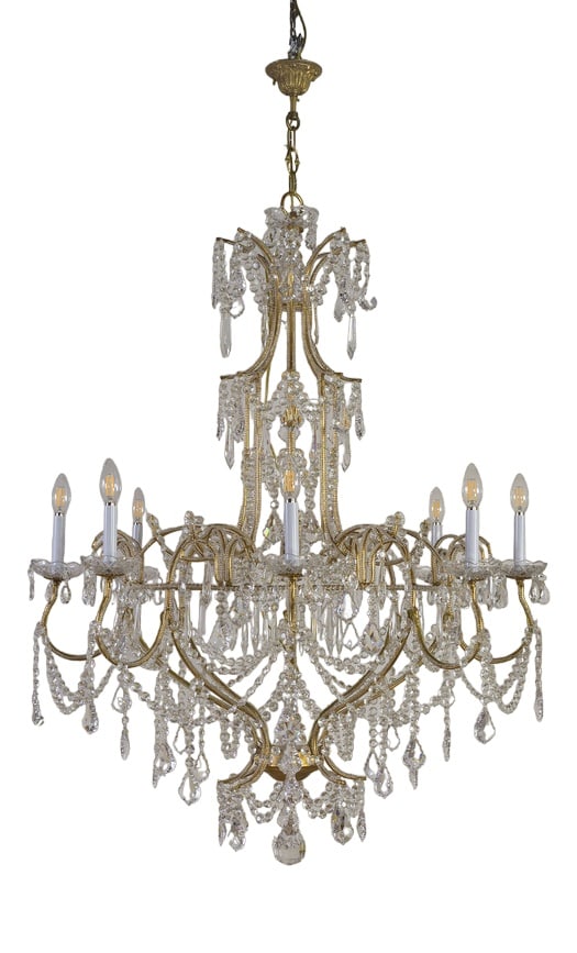 Vintage Chandelier in Golden Metal, 1980s: Large Empire style chandelier in golden metal, illuminated by 8 lights E12 (US wiring). Chandelier with a very large circumference, which makes it imposing suitable for large environments, suitable fo
