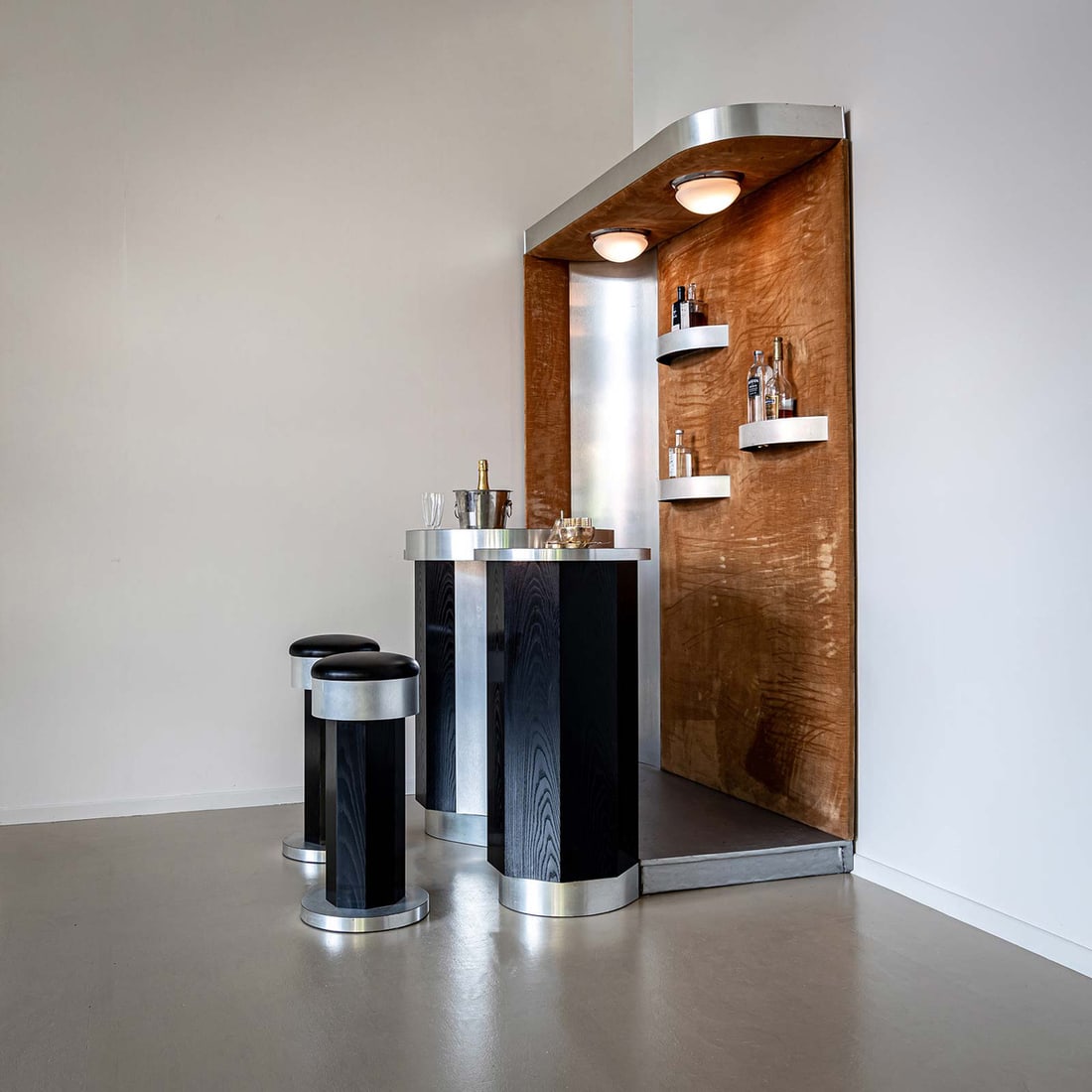 Large Brushed Aluminium Bar with Stools, Set of 3 - 4