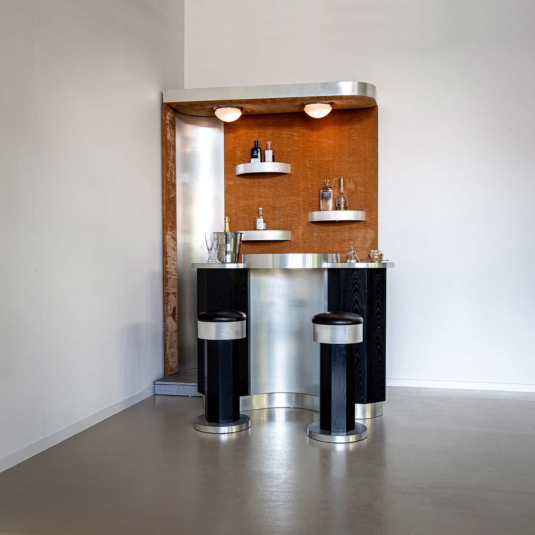 Large Brushed Aluminium Bar with Stools, Set of 3 - 5