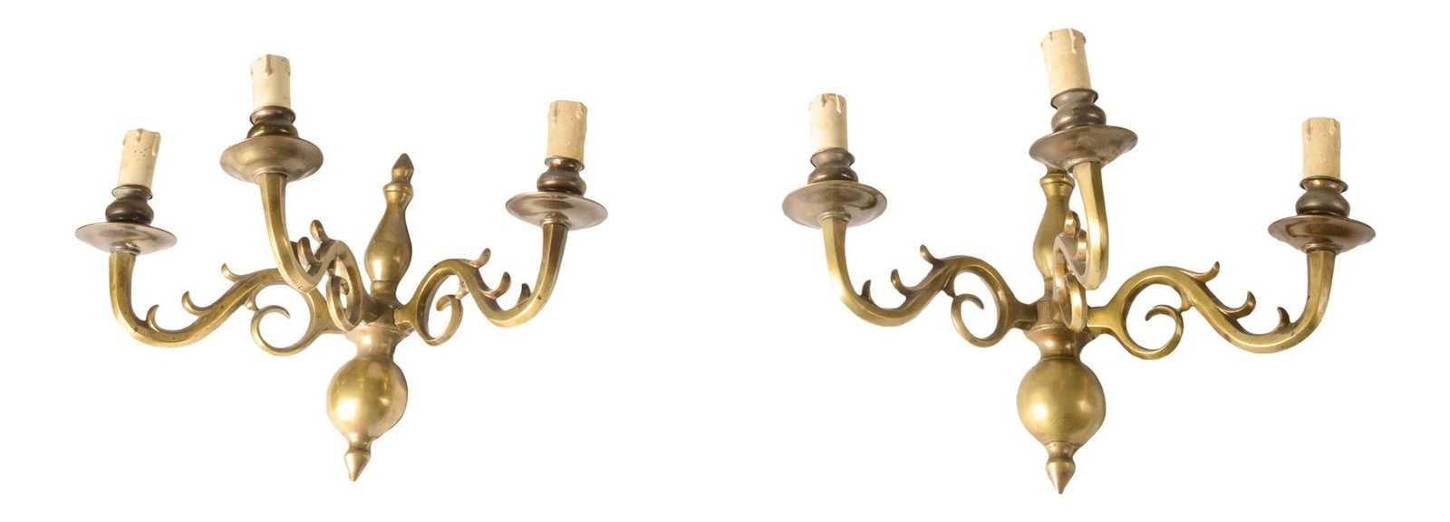 Italian Brass 3-Light Wall Lamps, 1950s, Set of 2: This pair of heavy solid brass wall lights comes with 3 light points and was produced in the 1950s. Country of Manufacture: Italy Design Period: 1950 to 1959 Production Period: 1950 to 1959 Detailed