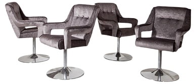 Mid-Century Italian Swivel Chairs, Set of 4: Swivel chairs on round chromed disc feet and upholstered seat with armrests. The chairs are newly upholstered in a high quality fabric in gray with silver threads.Origin: ItalyDated: Mid 20th centuryD