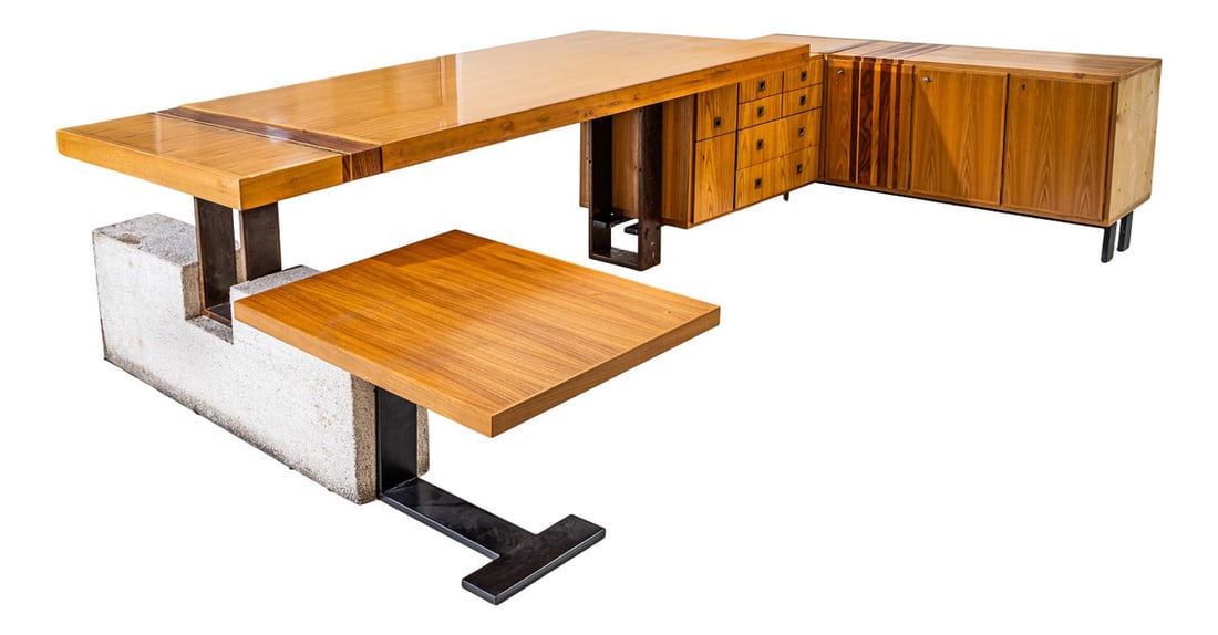 Large U-Shaped Executive Desk, Italy, 1960s: Large U-shaped executive desk with two returns and an extraordinary asymmetrical design. One support is made from cast concrete and the other’s from metal, giving the piece a sculptural and