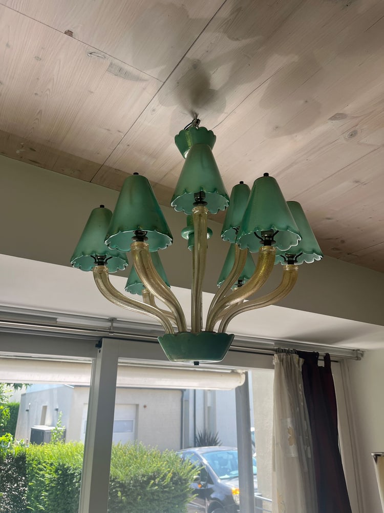 Murano Chandelier with Green Gold Leaf 24K, 1960s - 6
