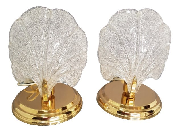 Murano Glass Palm Leaf Lamps by Barovier, Set of 2: A phenomenal pair of Glass Art masterworks, Art Deco Modern design, created in the 70's with the unequaled craftsmanship of glass master Ercole Barovier, in proprietary "rugiadosa" technique, where a