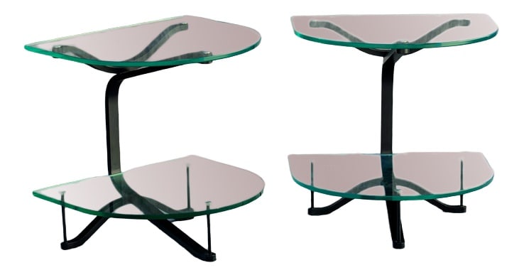 Auxiliary Tables in Glass, Set of 2: Semi -round auxiliary tables Metal structure and two heights with 2cm glass bases. Wide. Country of Manufacture: Italy Design Period: 1990 to 1999 Production Period: Unknown Restoration and Damage Det