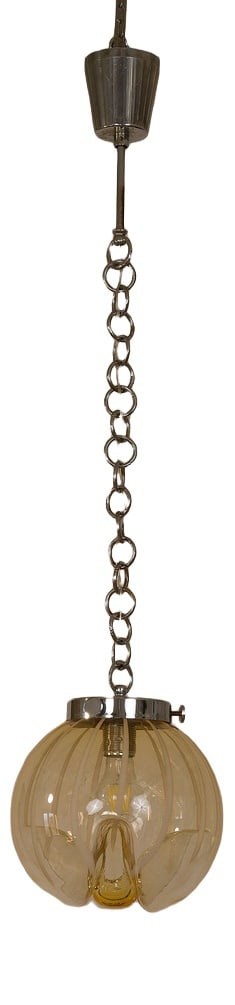 Pendant Light With Murano Blown Glass Globe, Italy: Mid-Century 1970s pendant with central globe made in very fine Murano blown glass, which makes the chandelier almost impalpable to the touch and very transparent. The processing of this globe highligh