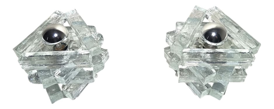 Murano Glass Table Lamps from Poliarte, Set of 2: Artfully realized metal alloy bases, complemented with geometrical, ice Murano glass shades, a magnifficent design by legendary Italian designer Albano Poli, for his own, luxury, high end lighting out