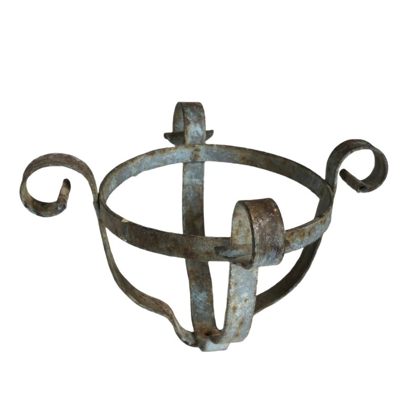 Antique Iron Vase Holders, Set of 2: - Pair of bolted wrought iron vase holders - Made in Italy in the early 1900s - Used with chains to which were hooked to the beams or canopies to remain suspended and support the vase Country of Manuf