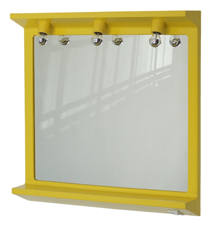 Illuminated Yellow Wall Mirror by Makio Hasuike, 1980s: An impressive mirror from the 1980s, designed in Italy in the space age aesthetic. The frame is made of yellow plastic, which, when illuminated, takes on a warm, luminous glow, emphasizing the