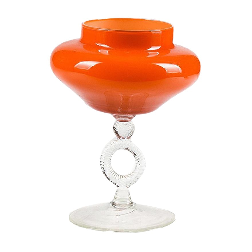 Orange Murano Glass Vase, 1950s: Vase backsplash glass with orange calyx and stem worked torsion transparent Murano 1950 Dimensions: diameter of 18 cm x height 24 Country of Manufacture: Italy Design Period: 1950 to 1959 Production P