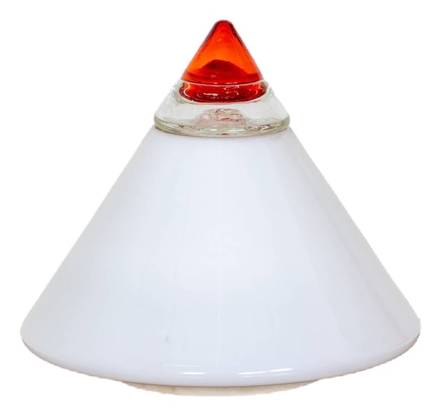 White and Red Glass Table Lamp by Leucos, Italy, 1960s: Conical table lamp in white glass tapering to a red tip. Label on the side "Leucos Hand Crafted - Made in Italy". Country of Manufacture: Italy Design Period: 1960 to 1969 Production Period: Unknown D