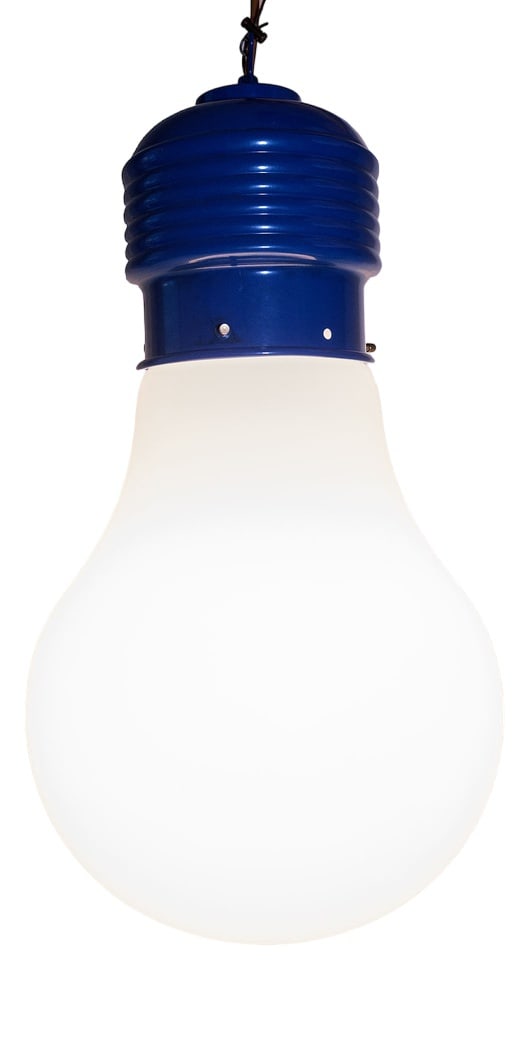 Italian Bulb Lamp in the style of Ingo Maurer: Beautiful ceiling lamp in the shape of a bulb attr.to Ingo Maurer Country of Manufacture: Italy Design Period: 1970 to 1979 Production Period: Unknown Restoration and Damage Details: Light wear consis