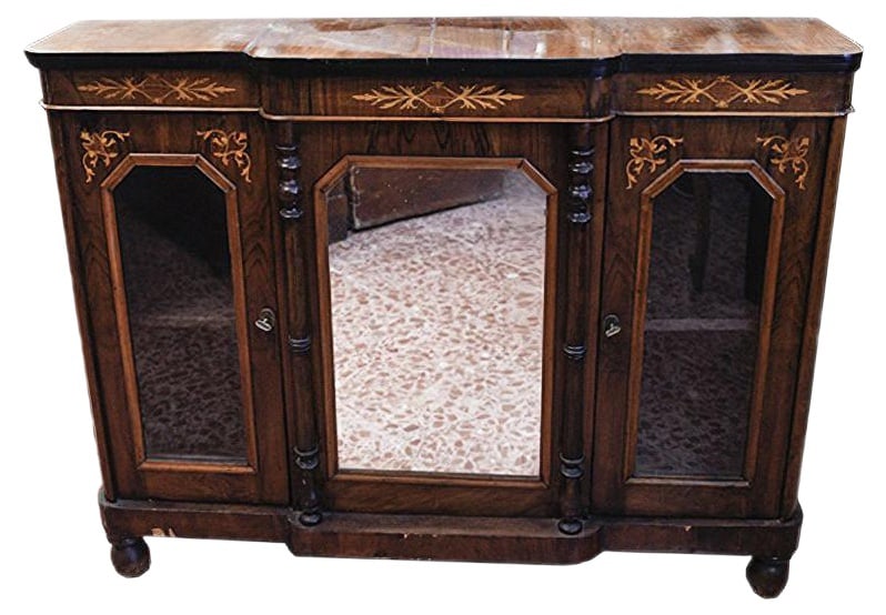 inlaid Furniture Dresser with Mirror and Side Windows: Cupboard, servante, inlaid with movable central mirror framed by turned columns tints ebony and two glass doors to destroy left. onion Foot and ebony-stained floor, the belief reflects perfectly the e