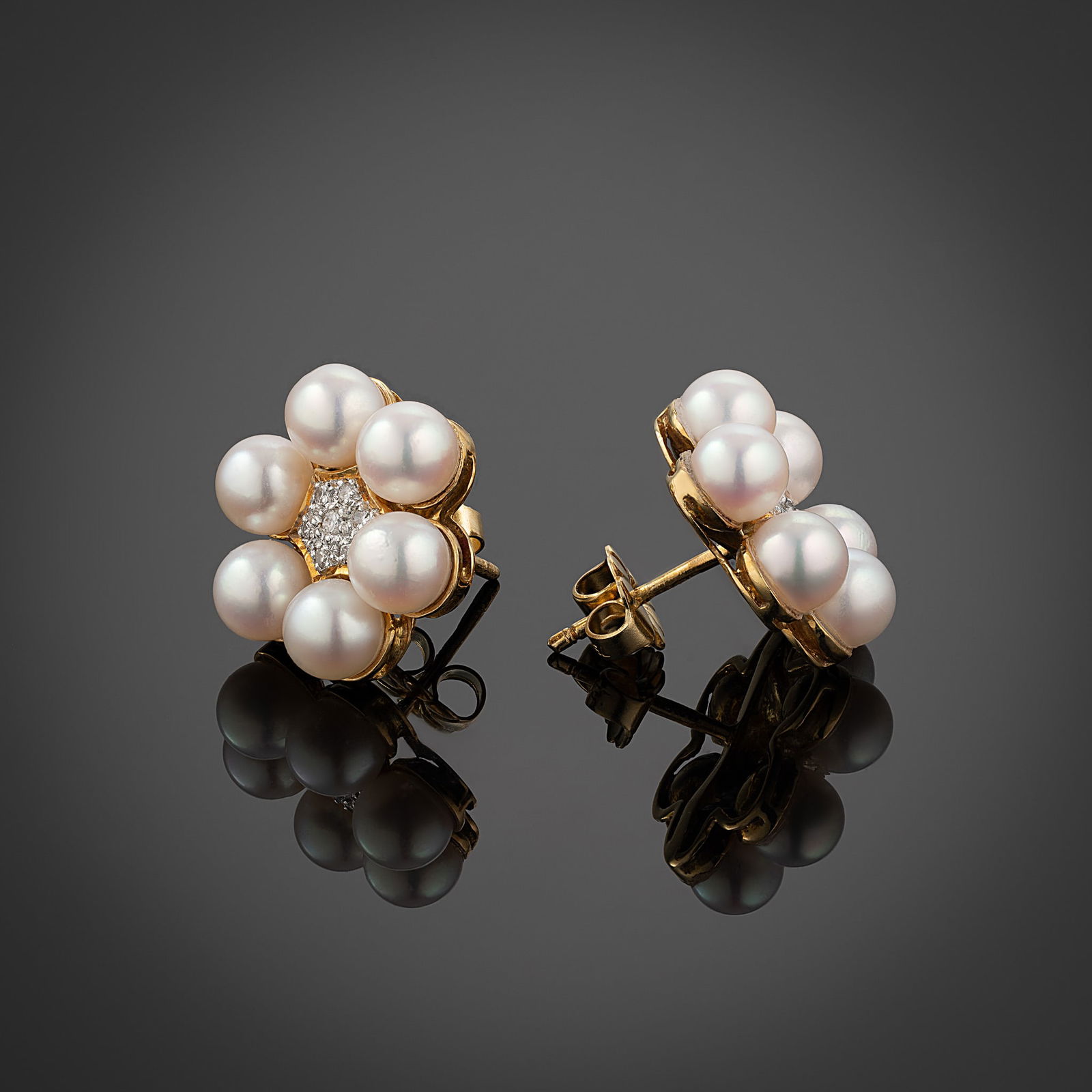 14 Carat Akoya Pearl And Diamond Cluster Studs - 2