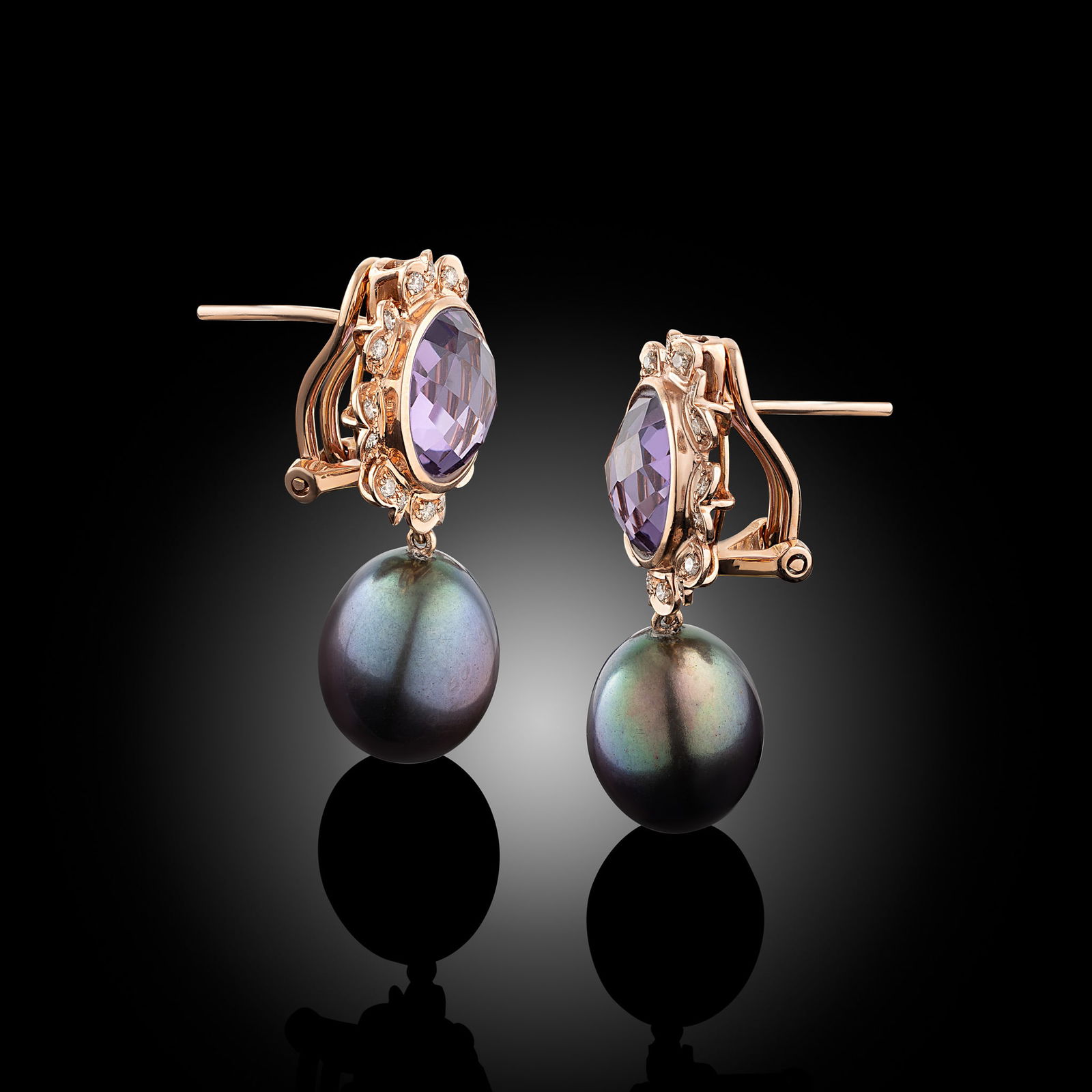 14 Carat Rose Gold Freshwater Pearl, Diamond And Amethyst Earrings - 2