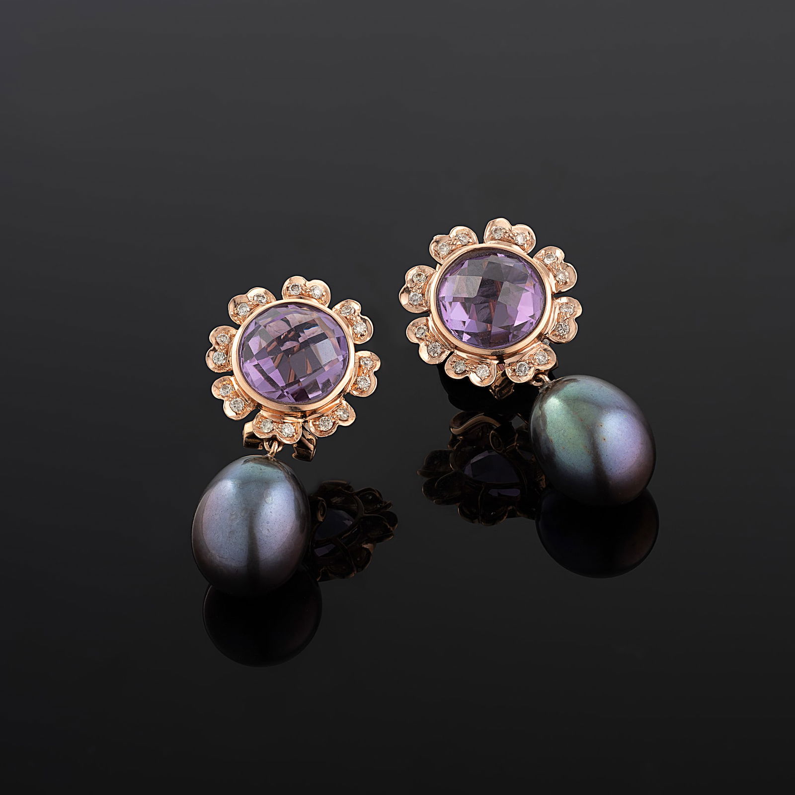 14 Carat Rose Gold Freshwater Pearl, Diamond And Amethyst Earrings - 3