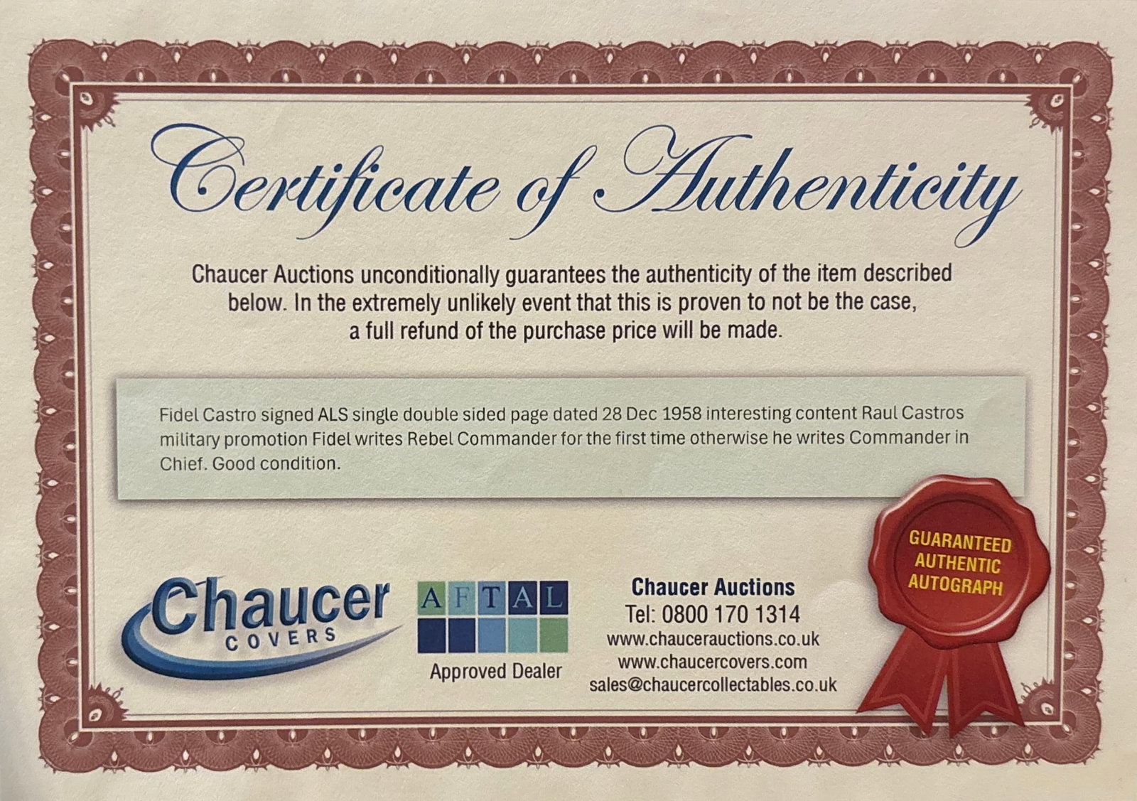 Fidel Castro, Cuban Revolutionary Leader, Hand Written, Mounted and Signed 2 Page Letter, Framed (1 of 4)