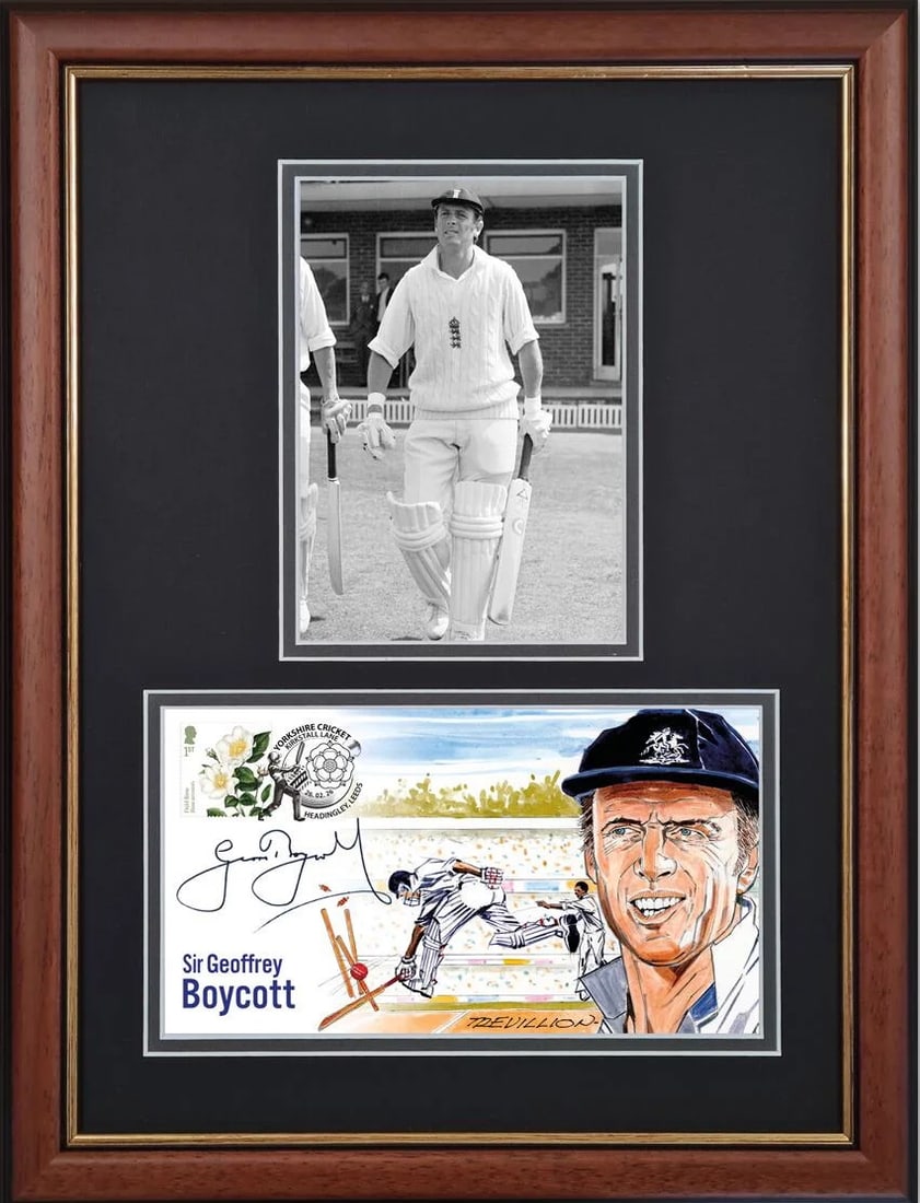 Sir Geoffrey Boycott Hand Signed Framed Limited Edition 40cm x 30cm FDC, First Day Cover. COA (1 of 3)