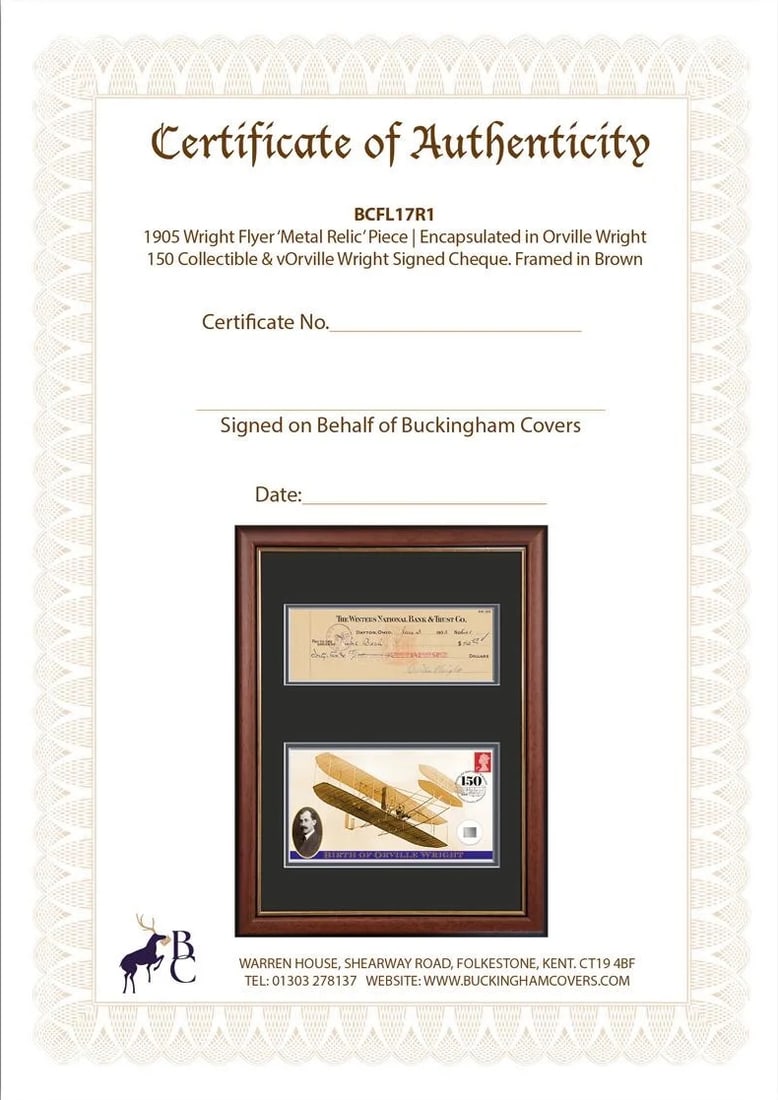 Orville Wright Hand Signed Cheque, Actual Piece Of 'Wright Flyer, FDC First Day Cover, Framed 40cm x (1 of 5)