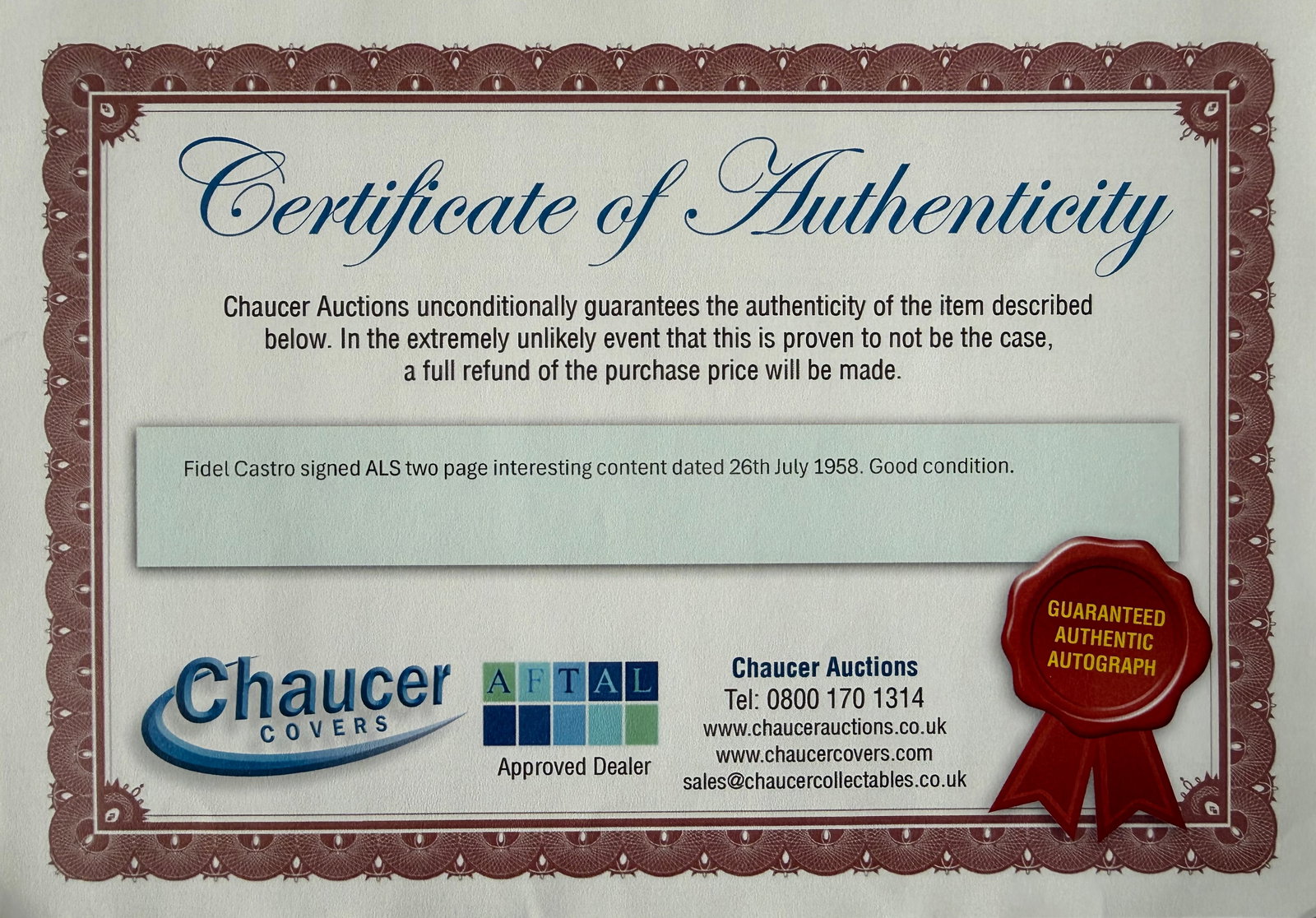 Fidel Castro, Cuban Revolutionary Leader, Hand Written, and Signed, 2 Page Letter, AFTAL COA (1 of 4)