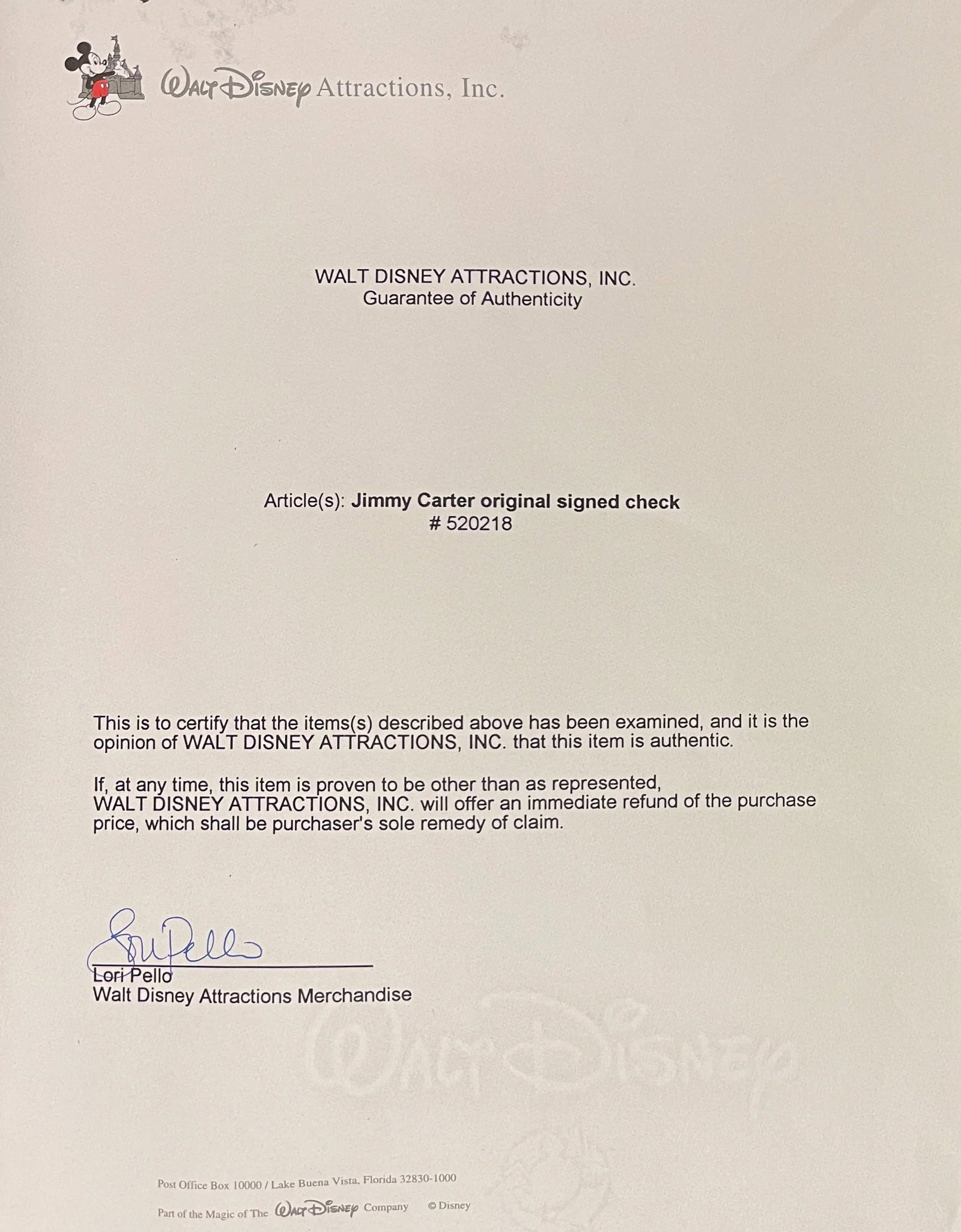 Jimmy Carter, 39th President of the U.S.A, Hand Signed Cheque Presentation, 50cm x 40cm, Disney - 3