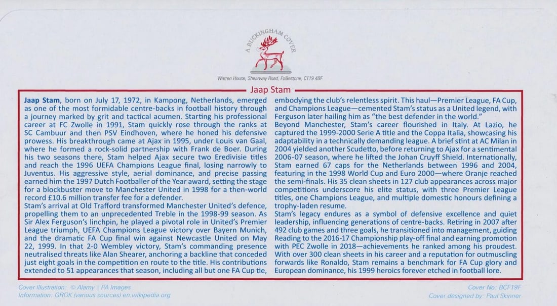 Jaap Stam, Manchester United, Hand Signed Framed 40cm x 30cm FDC First Day Cover. COA (1 of 4)