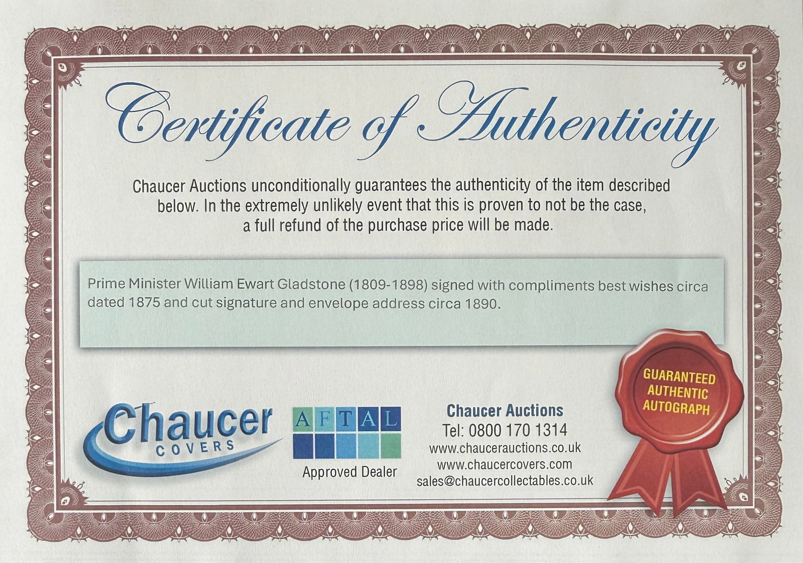 William Gladstone, British Prime Minister, Hand Written With Compliments Card, AFTAL COA - 3