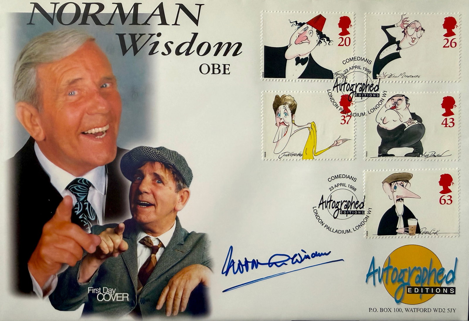 Norman Wisdom, Hand Signed First Day Cover, FDC, Postmarked 23rd April 1998. COA Supplied On All (1 of 3)