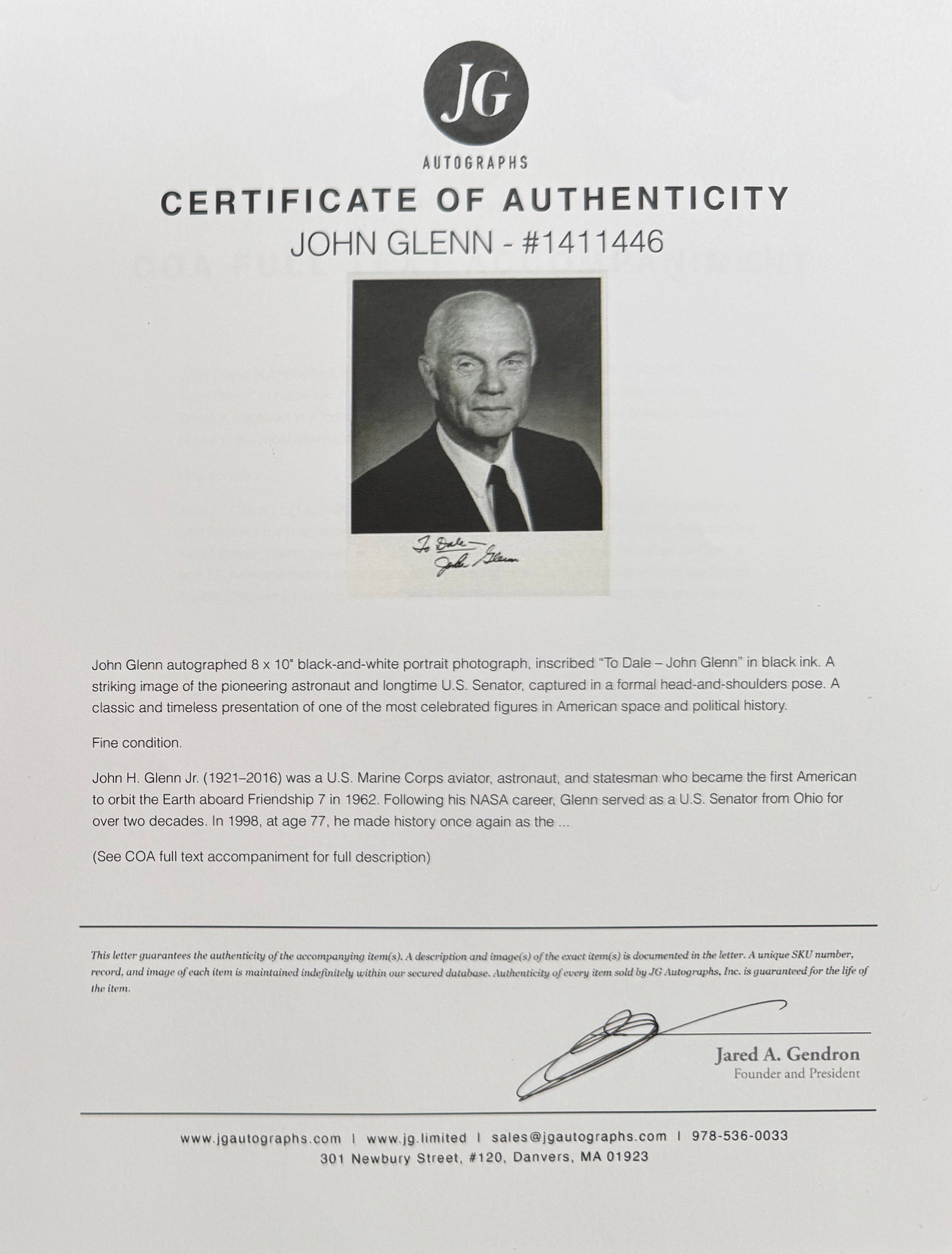 John Glenn, Hand Signed 25cm x 20cm Dedicated Photo. John Reznikoff COA - 3
