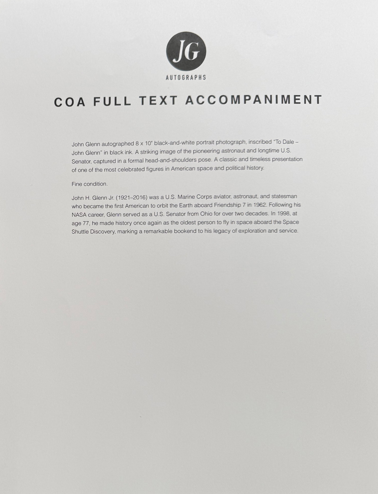 John Glenn, Hand Signed 25cm x 20cm Dedicated Photo. John Reznikoff COA - 4