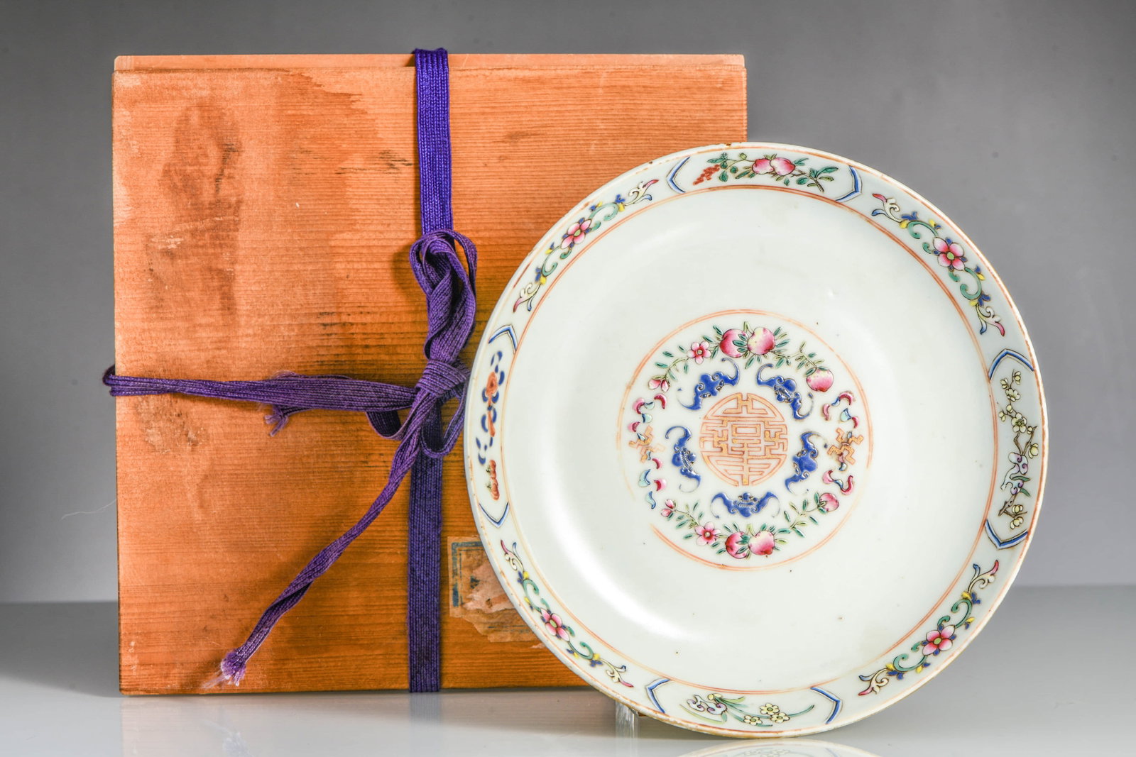 Imperial Enamel Plate with Five Blessings and Longevity Pattern: IMPERIAL ENAMEL PLATE WITH FIVE BLESSINGS AND LONGEVITY PATTERN Description: Model: Made in the Year of Tongzhi of the Qing Dynasty Width: 17.5 cm x Height: 3 cm