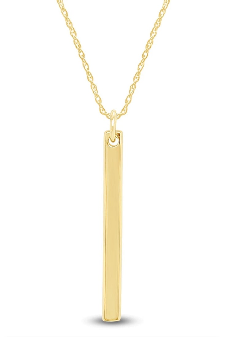 GOLD-TONE VERTICAL BAR PENDANT NECKLACE: GOLD-TONE VERTICAL BAR PENDANT NECKLACE Description: A minimalist necklace centered by a long polished vertical bar pendant in gold-tone metal, suspended from a fine matching chain.